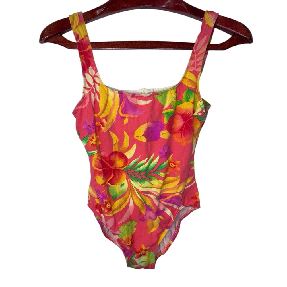 Vintage Jantzen Swimsuit 80s 90s Womens Neon Floral 1 Piece Bright Retro USA 10